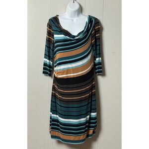 Loft Petites Women's Striped Cowl Neck Ruched Sheath Dress Teal Mocha Size MP